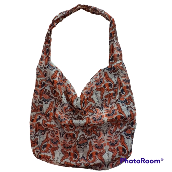 Free People Boho Tote Bag Large Orange Flower Leaf Print Shoppers 19 x 16 x 5 - Picture 5 of 14